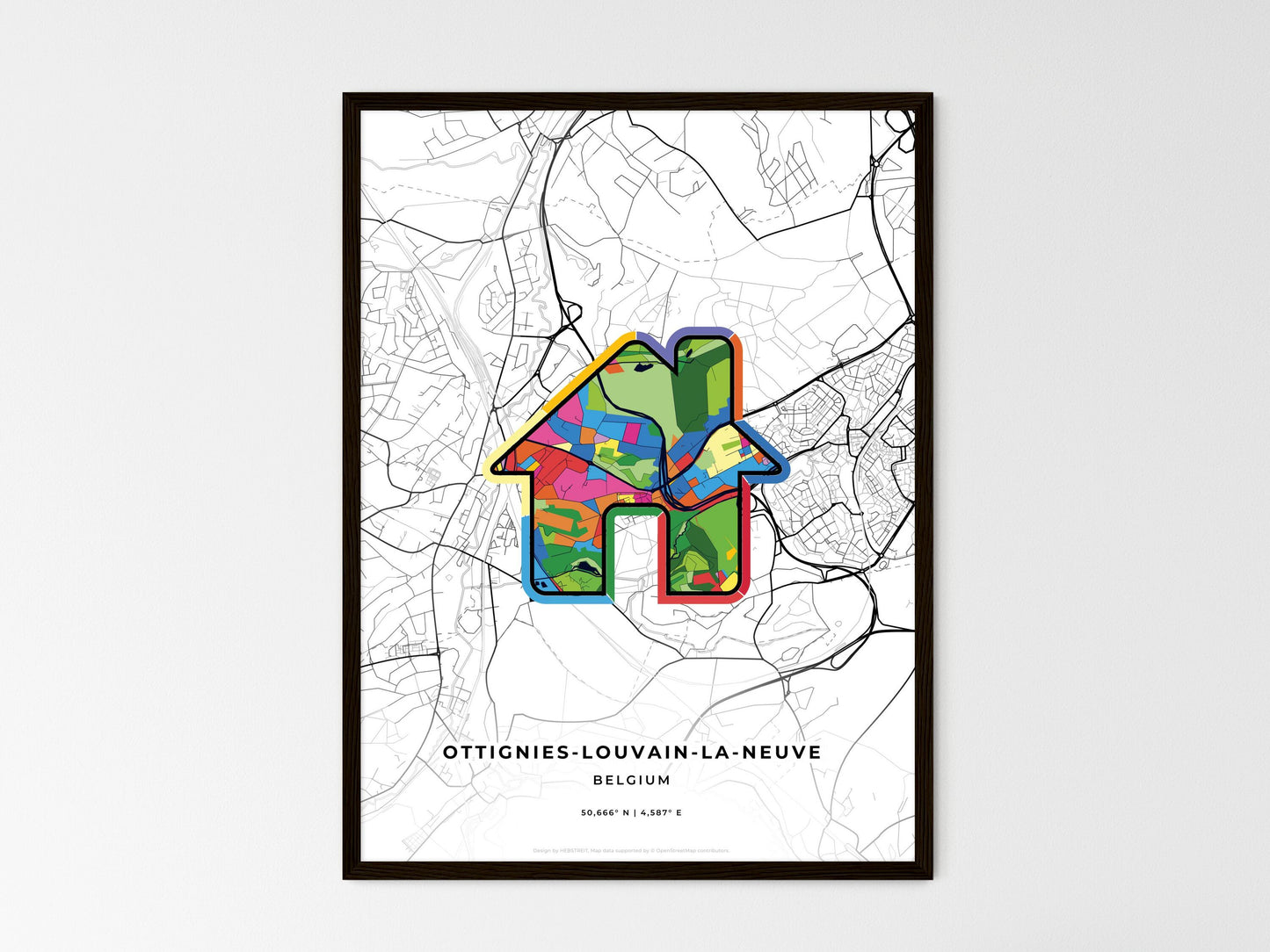 OTTIGNIES-LOUVAIN-LA-NEUVE BELGIUM minimal art map with a colorful icon. Where it all began, Couple map gift. Style 3