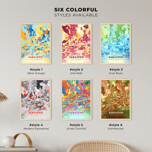 Colorful SARAJEVO BOSNIA AND HERZEGOVINA Fine Art Map Blue Orange