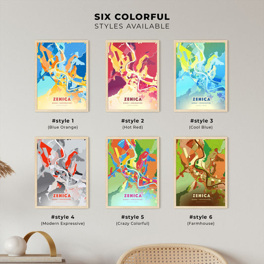 Colorful ZENICA BOSNIA AND HERZEGOVINA Fine Art Map Blue Orange