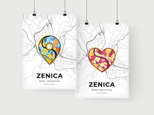 ZENICA BOSNIA AND HERZEGOVINA minimal art map with a colorful icon. Where it all began, Couple map gift.