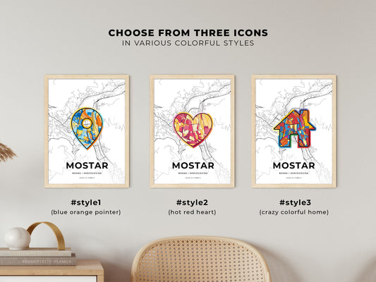 Mostar Bosnia And Herzegovina maps with colorful icons