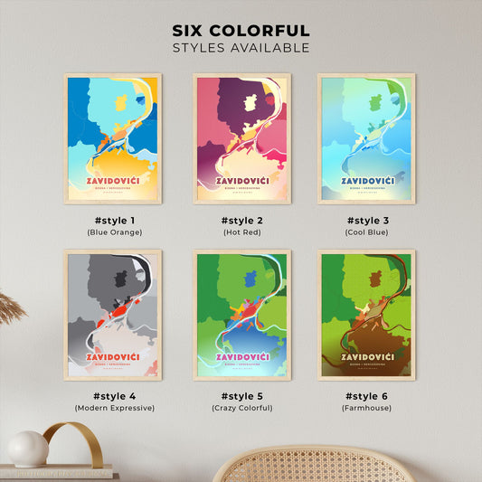 Colorful ZAVIDOVIĆI BOSNIA AND HERZEGOVINA Fine Art Map Blue Orange