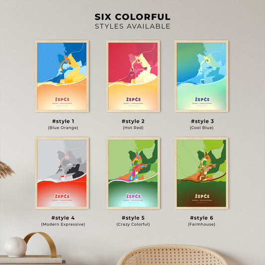 Colorful ŽEPČE BOSNIA AND HERZEGOVINA Fine Art Map Blue Orange