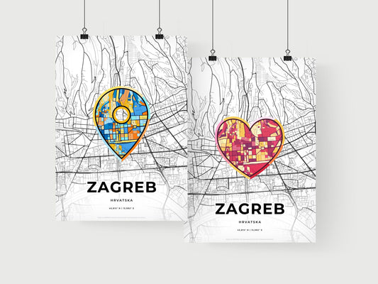 ZAGREB CROATIA minimal art map with a colorful icon. Where it all began, Couple map gift.