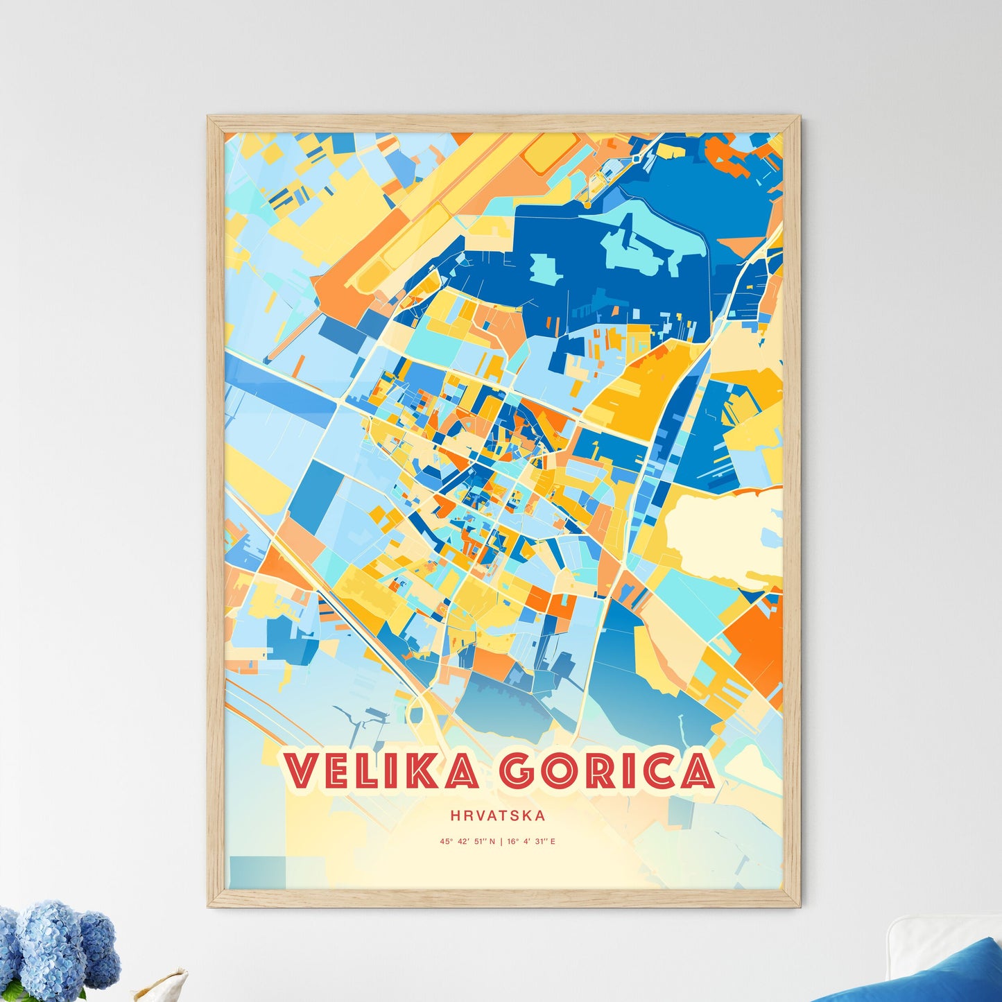 Colorful VELIKA GORICA CROATIA Fine Art Map Blue Orange
