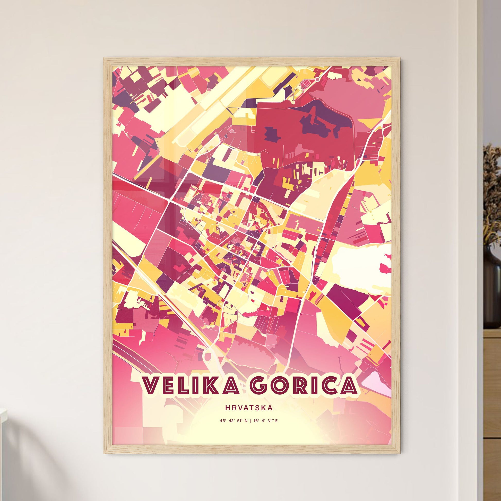 Colorful VELIKA GORICA CROATIA Fine Art Map Hot Red