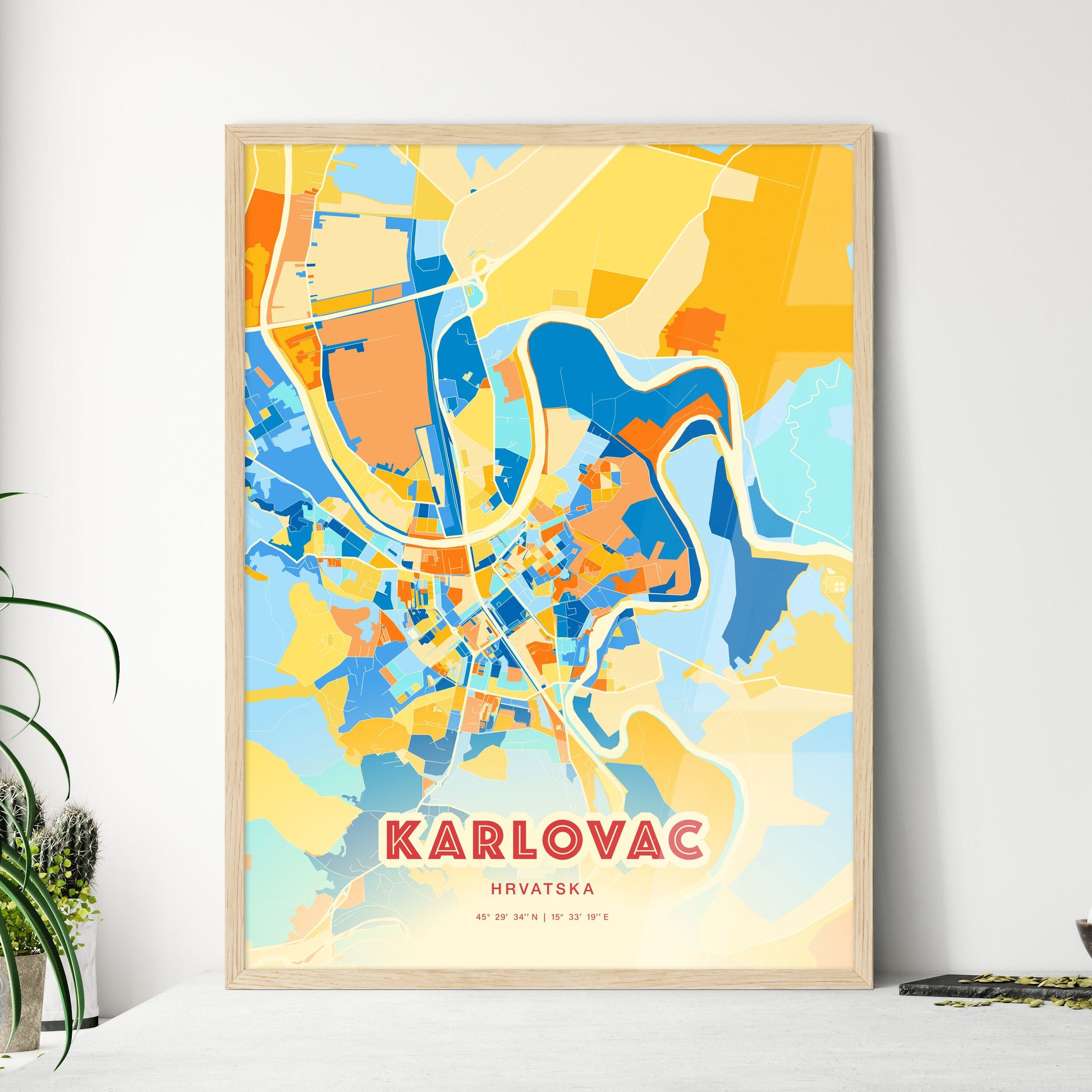 Colorful KARLOVAC CROATIA Fine Art Map Blue Orange