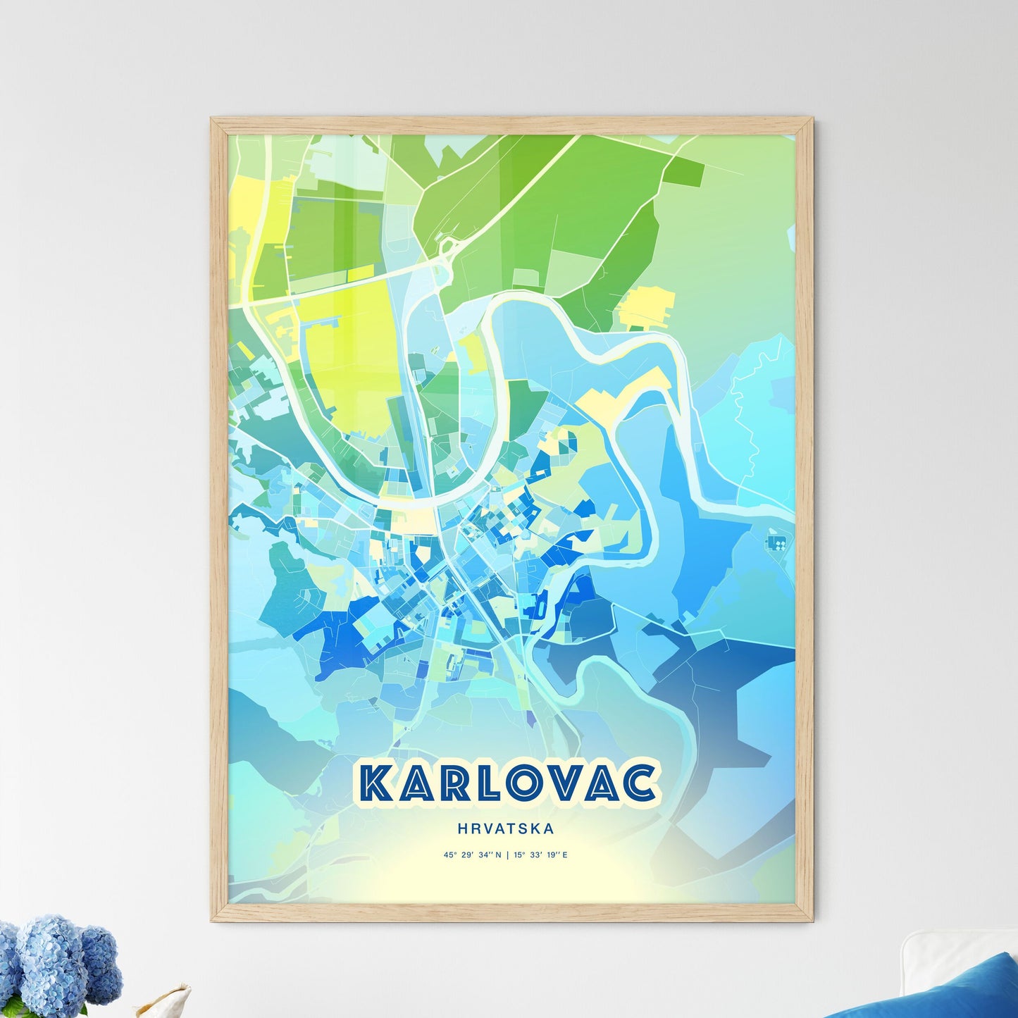 Colorful KARLOVAC CROATIA Fine Art Map Cool Blue