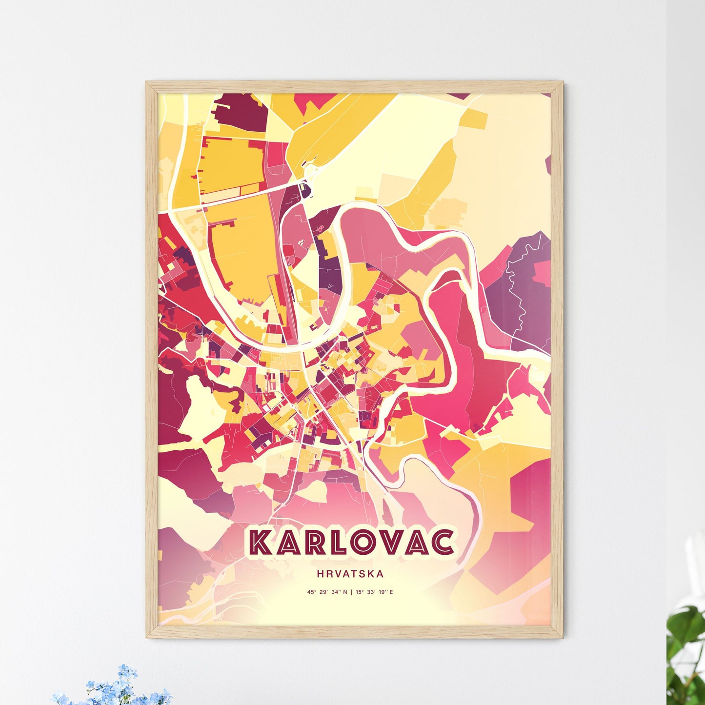 Colorful KARLOVAC CROATIA Fine Art Map Hot Red