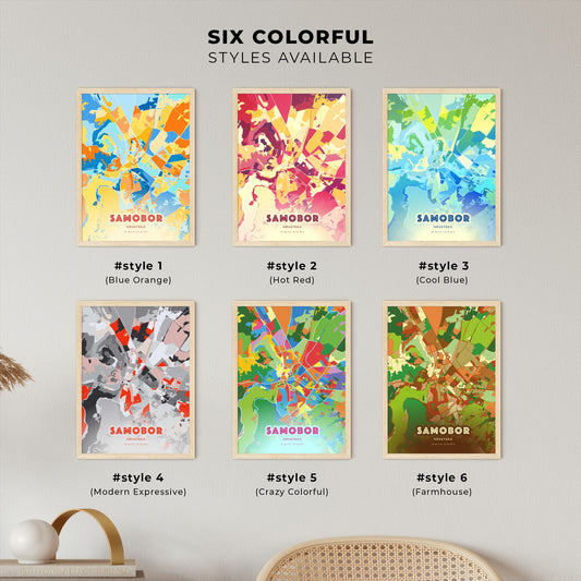 Colorful SAMOBOR CROATIA Fine Art Map Blue Orange