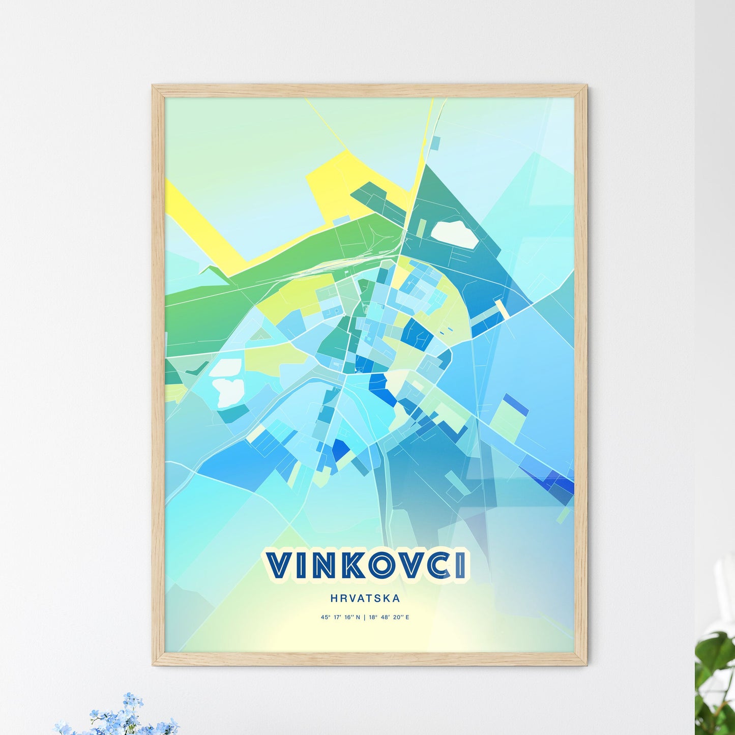 Colorful VINKOVCI CROATIA Fine Art Map Cool Blue