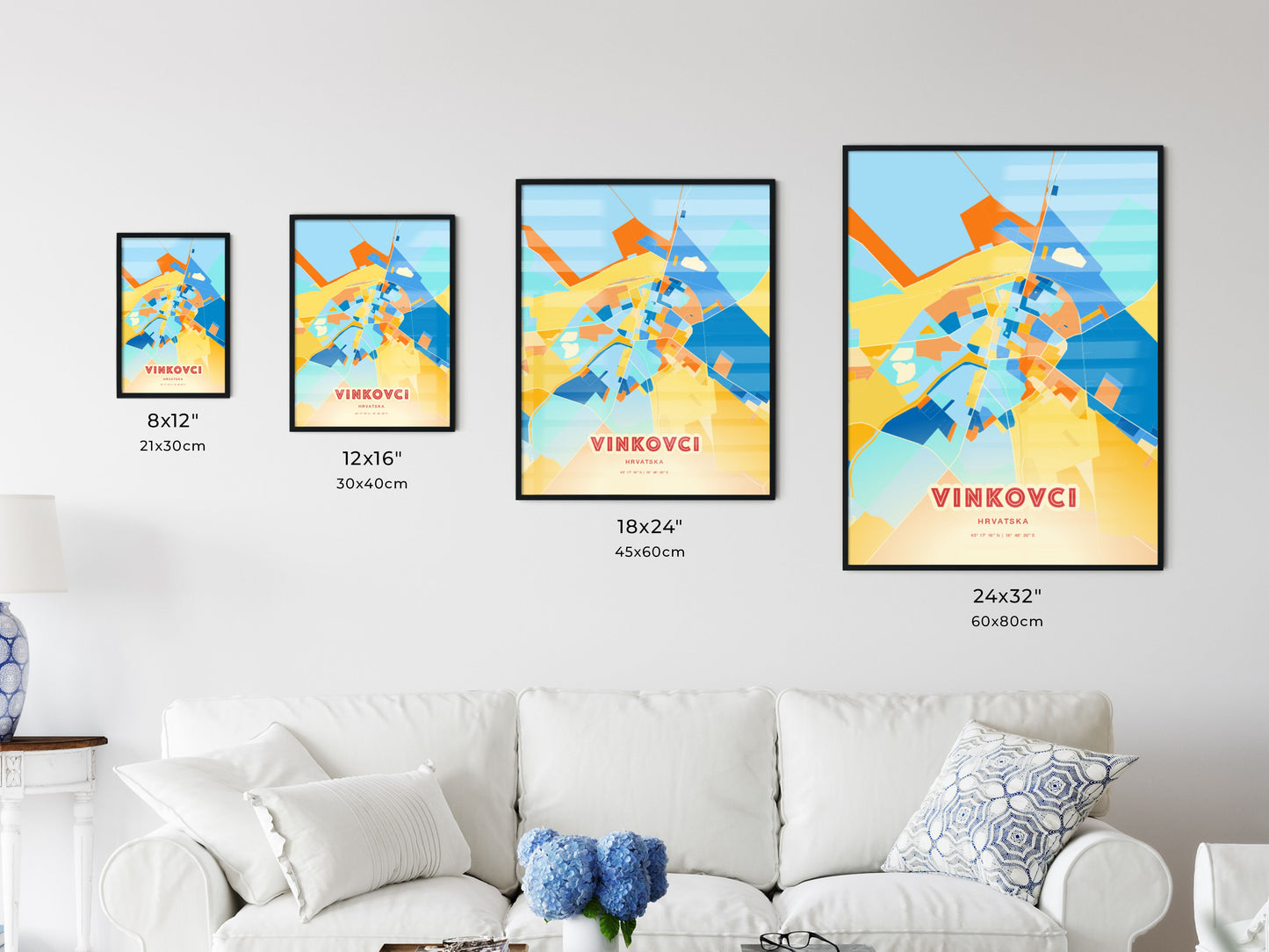 Colorful VINKOVCI CROATIA Fine Art Map Blue Orange