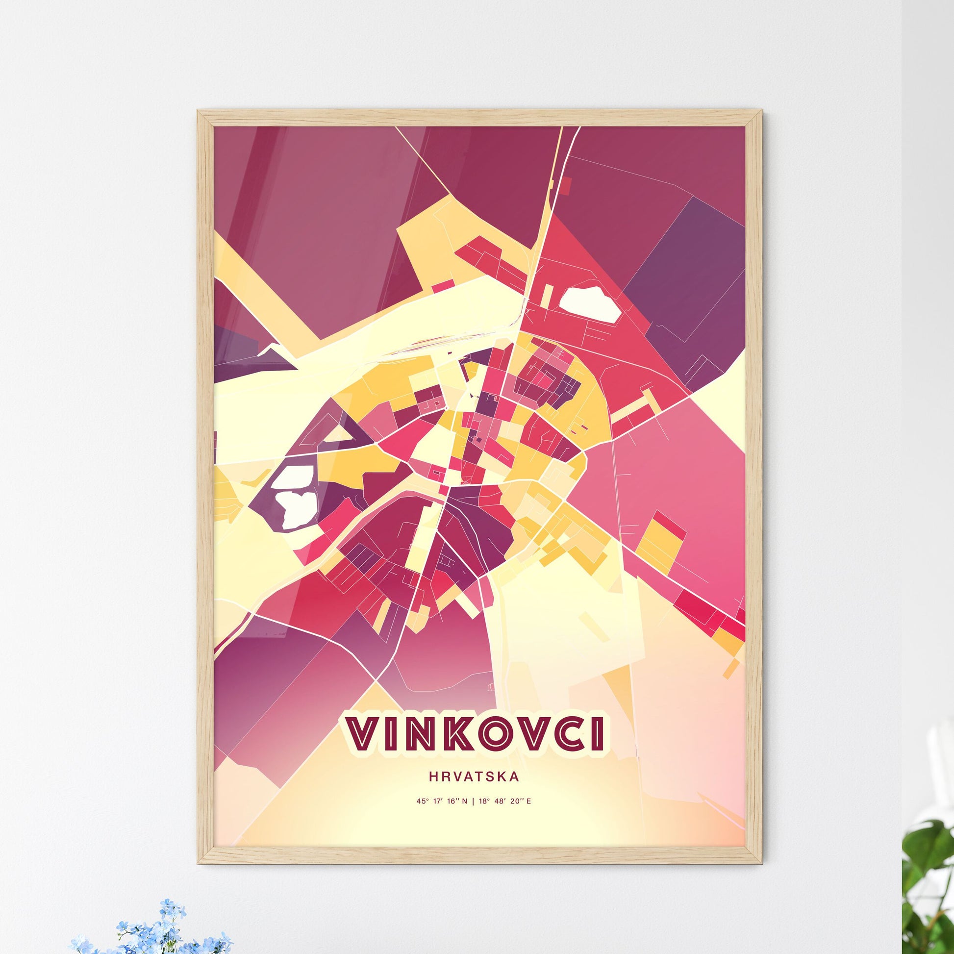 Colorful VINKOVCI CROATIA Fine Art Map Hot Red