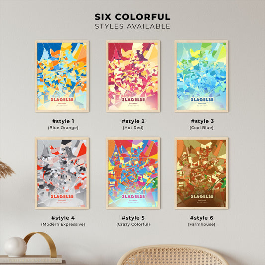 Colorful SLAGELSE DENMARK Fine Art Map Blue Orange