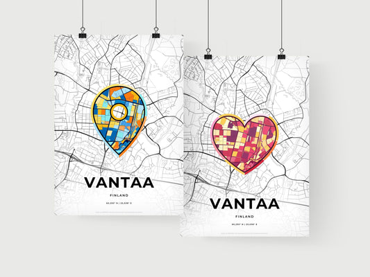 VANTAA FINLAND minimal art map with a colorful icon. Where it all began, Couple map gift.