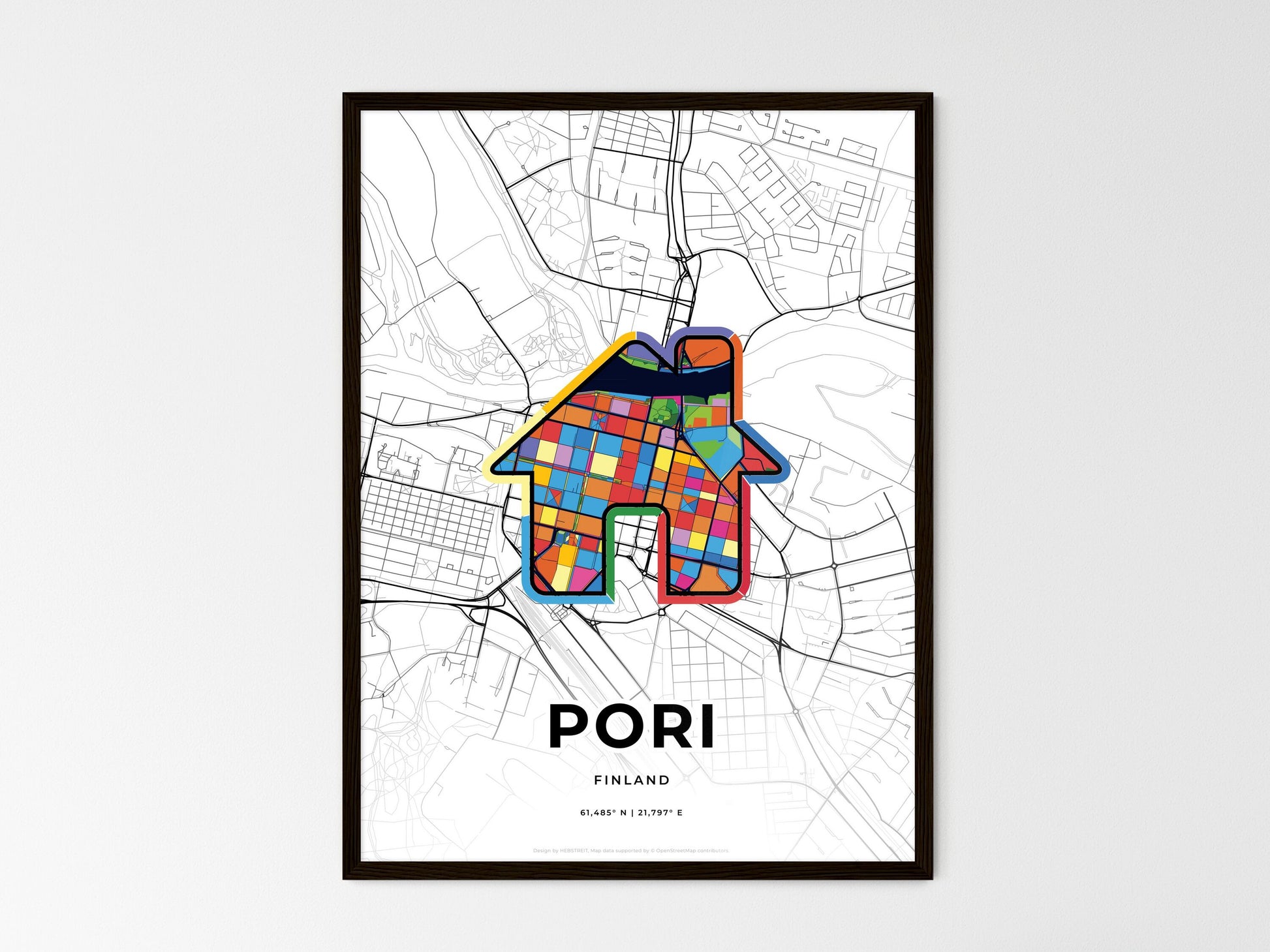 PORI FINLAND minimal art map with a colorful icon. Where it all began, Couple map gift. Style 3