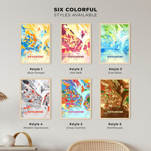 Colorful ROVANIEMI FINLAND Fine Art Map Blue Orange