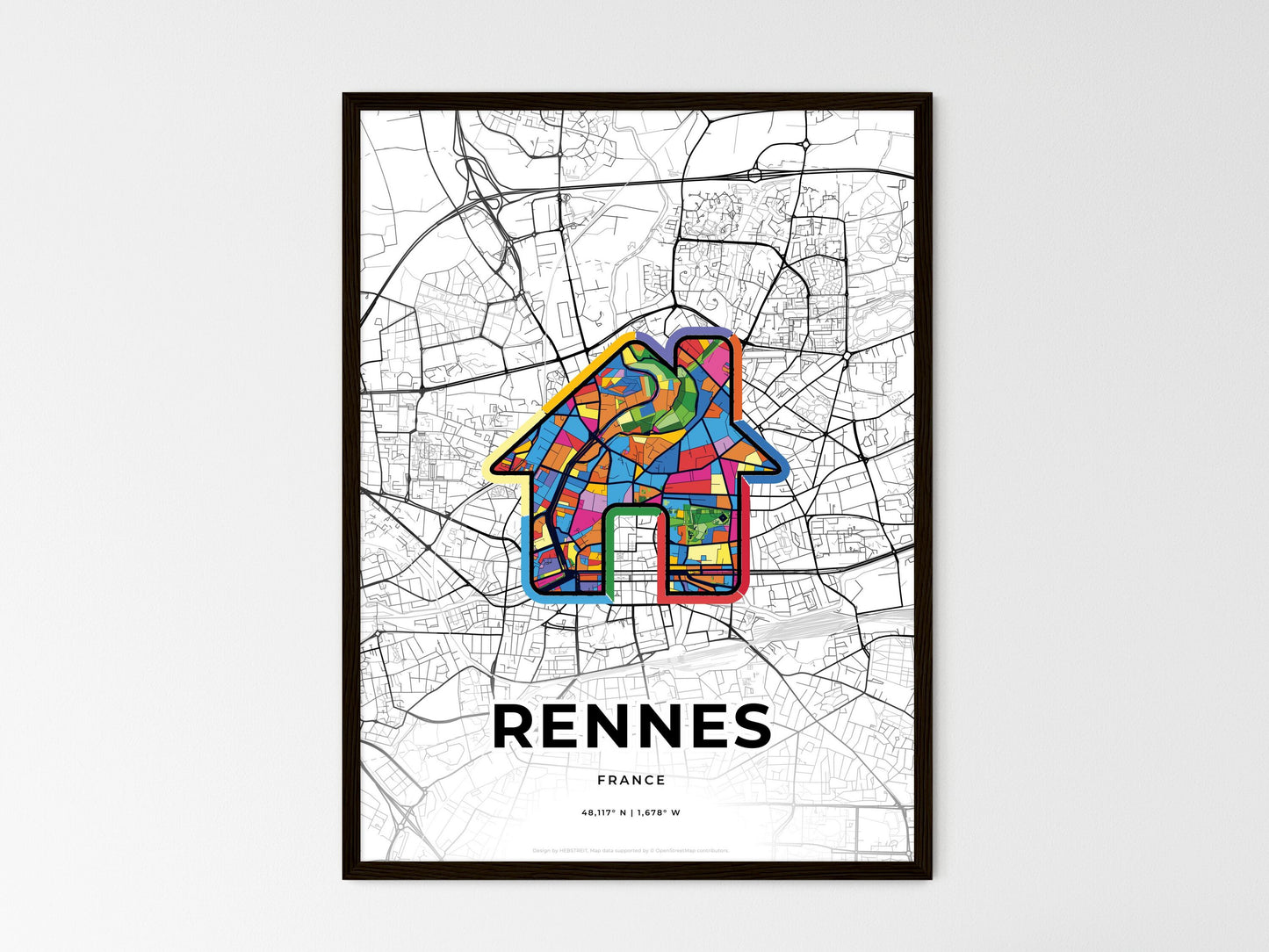 Rennes France wedding art map with home icon