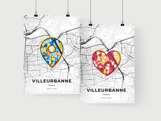 VILLEURBANNE FRANCE minimal art map with a colorful icon. Where it all began, Couple map gift.