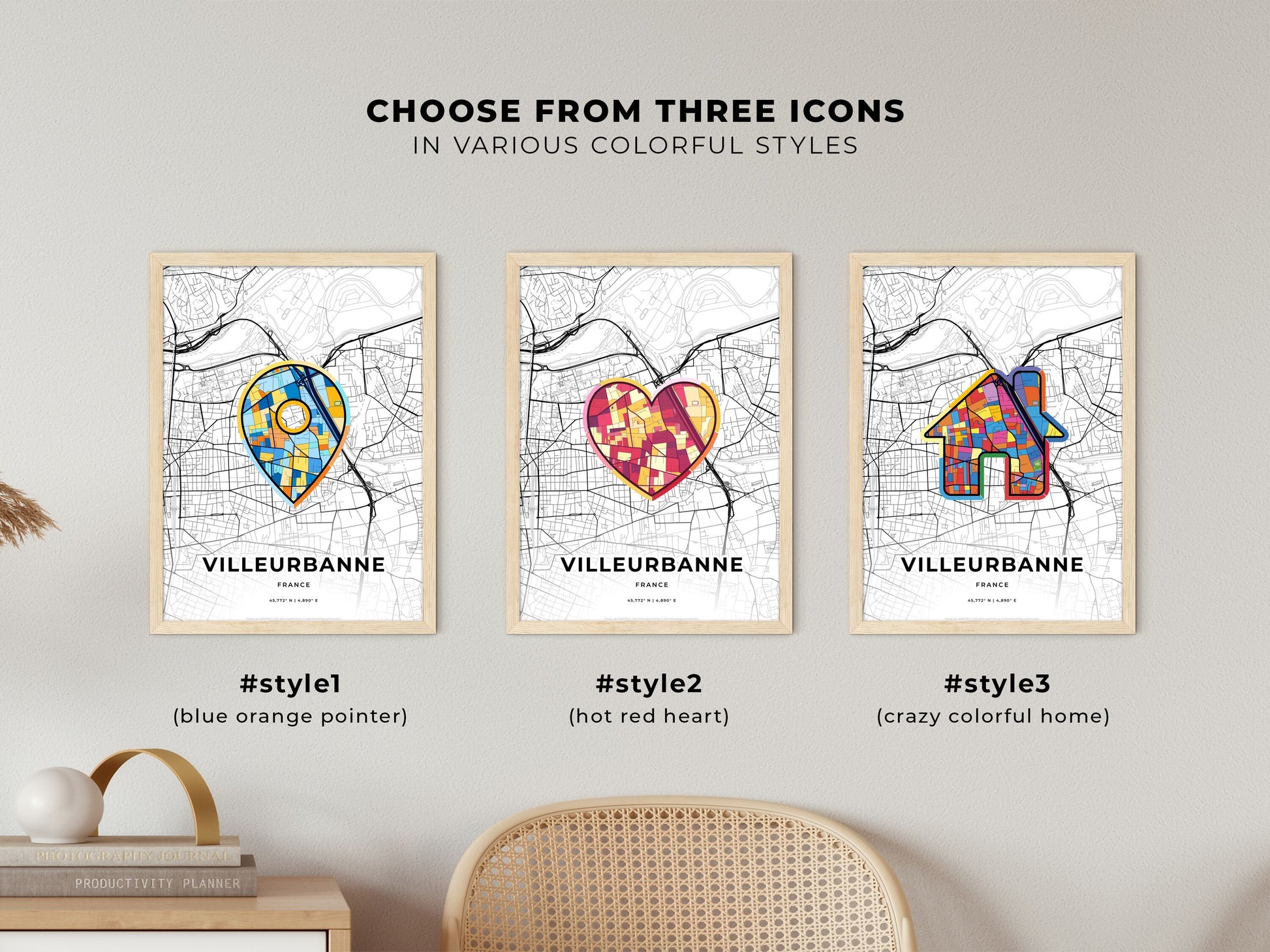 VILLEURBANNE FRANCE minimal art map with a colorful icon. Where it all began, Couple map gift.