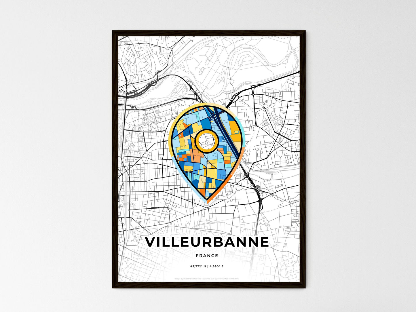 VILLEURBANNE FRANCE minimal art map with a colorful icon. Where it all began, Couple map gift. Style 1