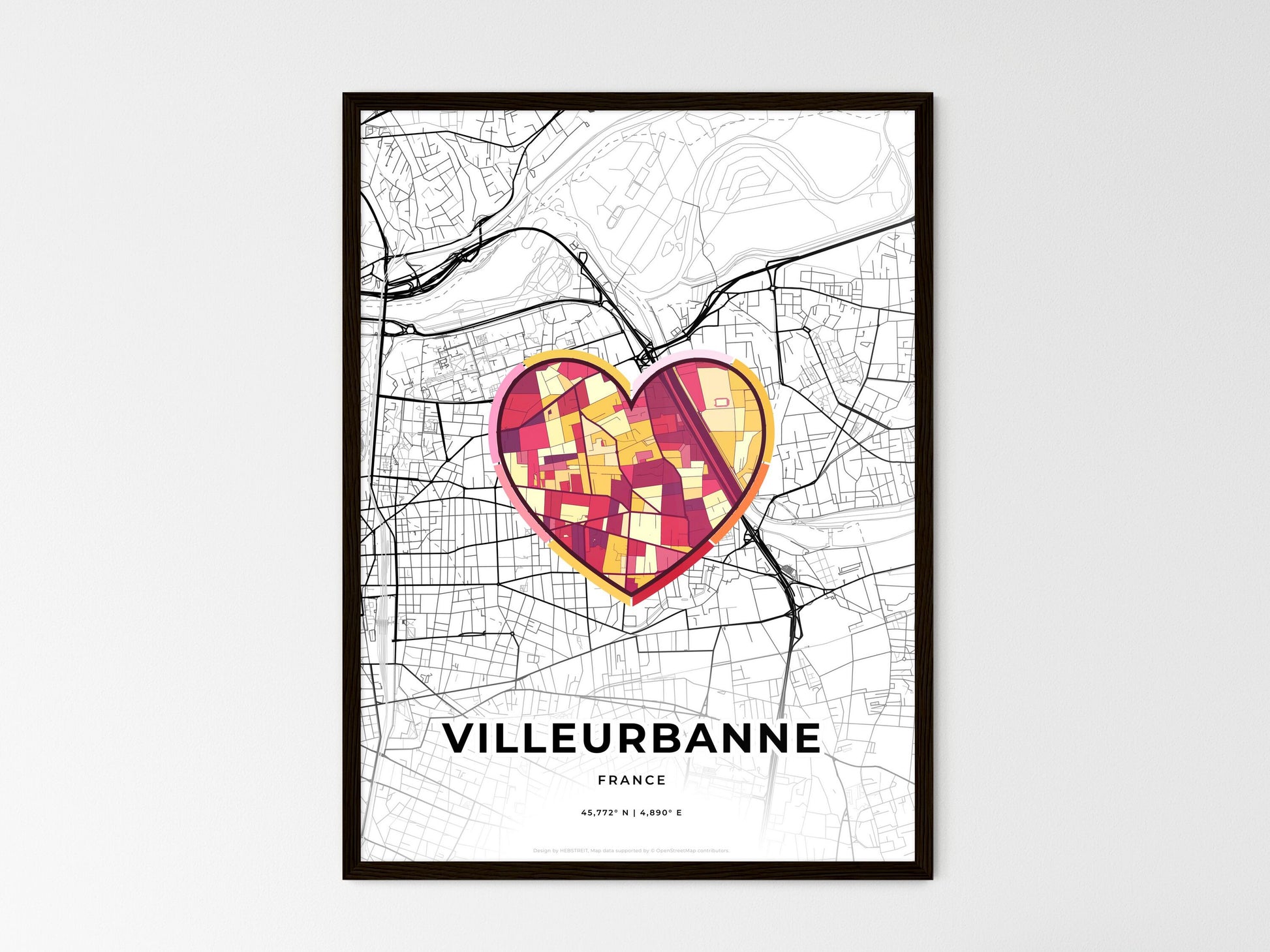 VILLEURBANNE FRANCE minimal art map with a colorful icon. Where it all began, Couple map gift. Style 2