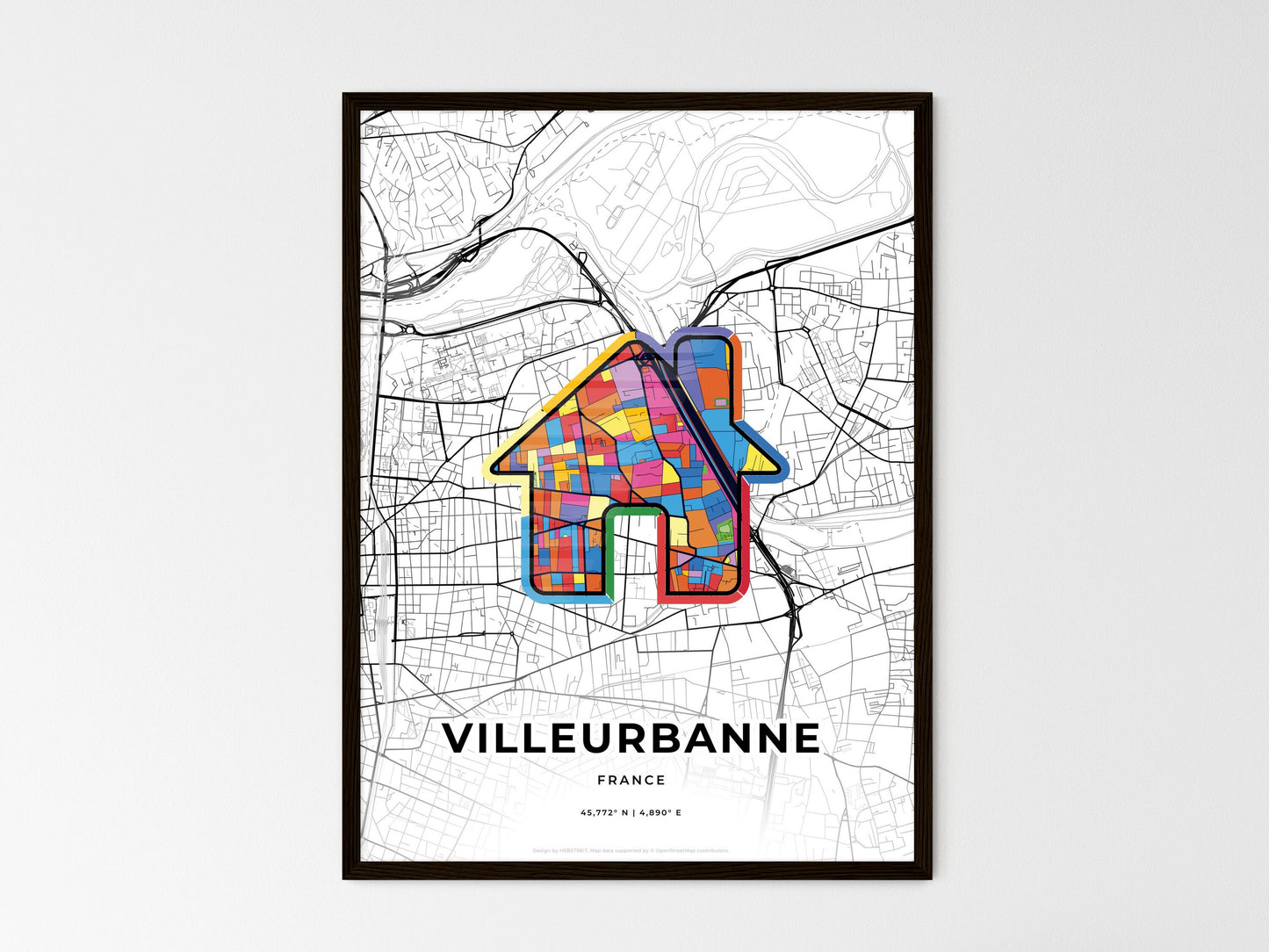 VILLEURBANNE FRANCE minimal art map with a colorful icon. Where it all began, Couple map gift. Style 3