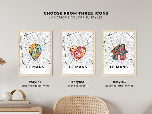 Le Mans France maps with colorful icons