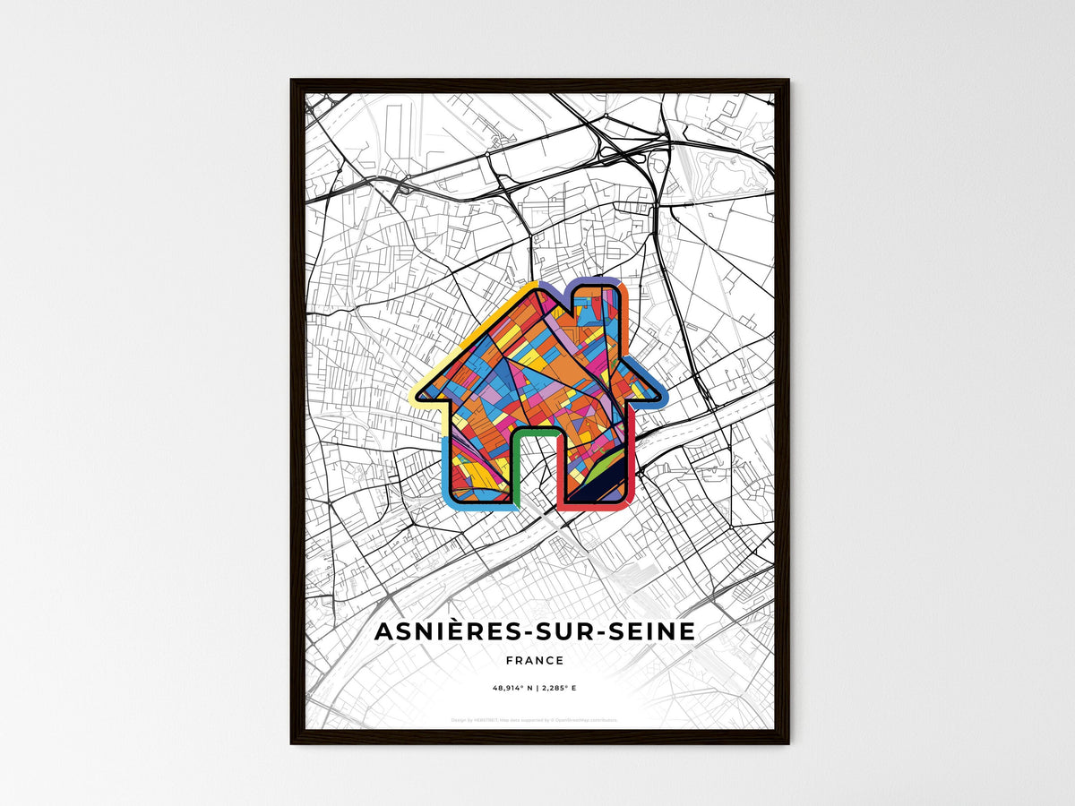 Asnières-Sur-Seine France wedding art map with home icon