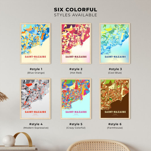 Colorful SAINT-NAZAIRE FRANCE Fine Art Map Blue Orange