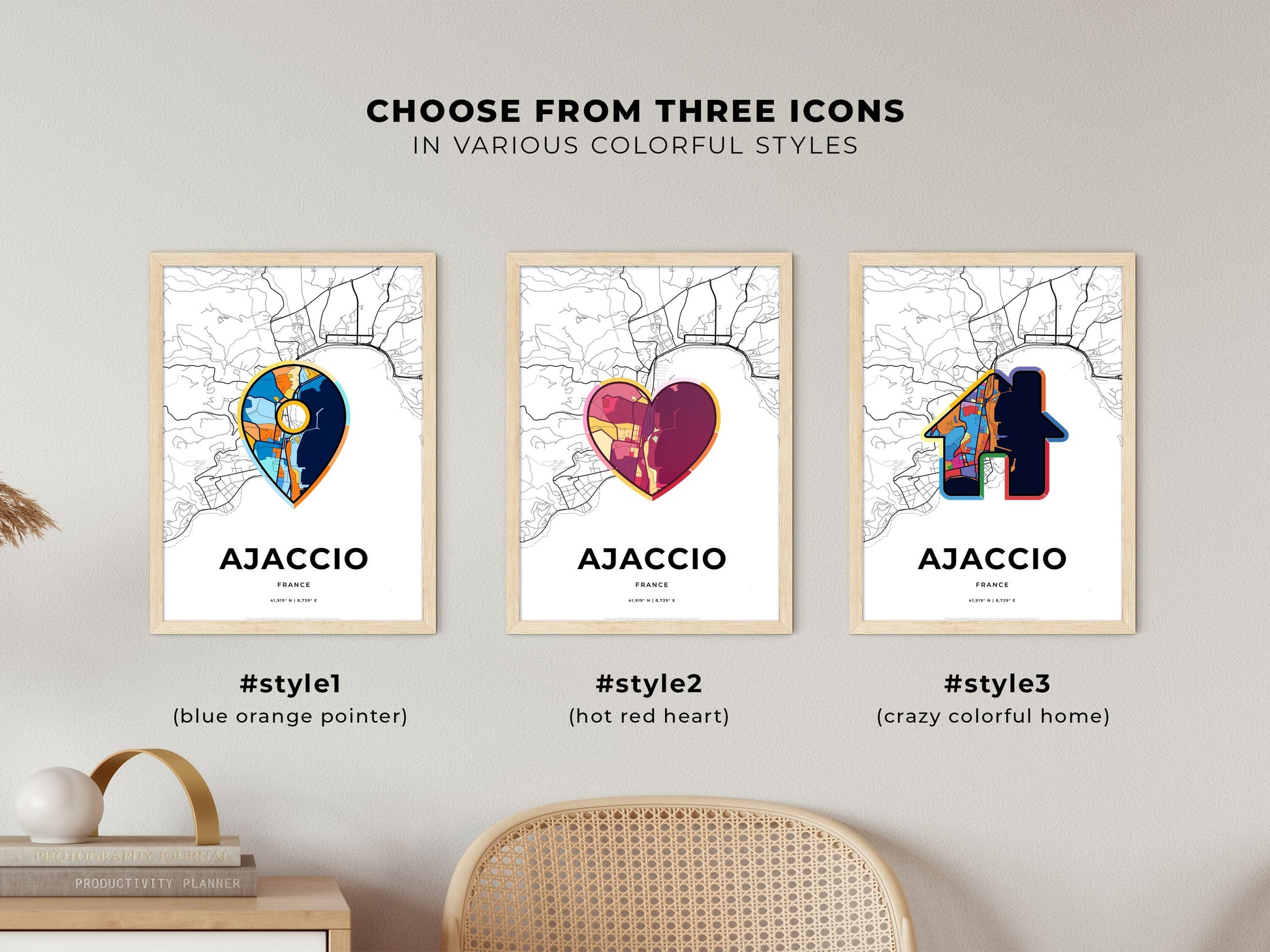AJACCIO FRANCE minimal art map with a colorful icon. Where it all began, Couple map gift.