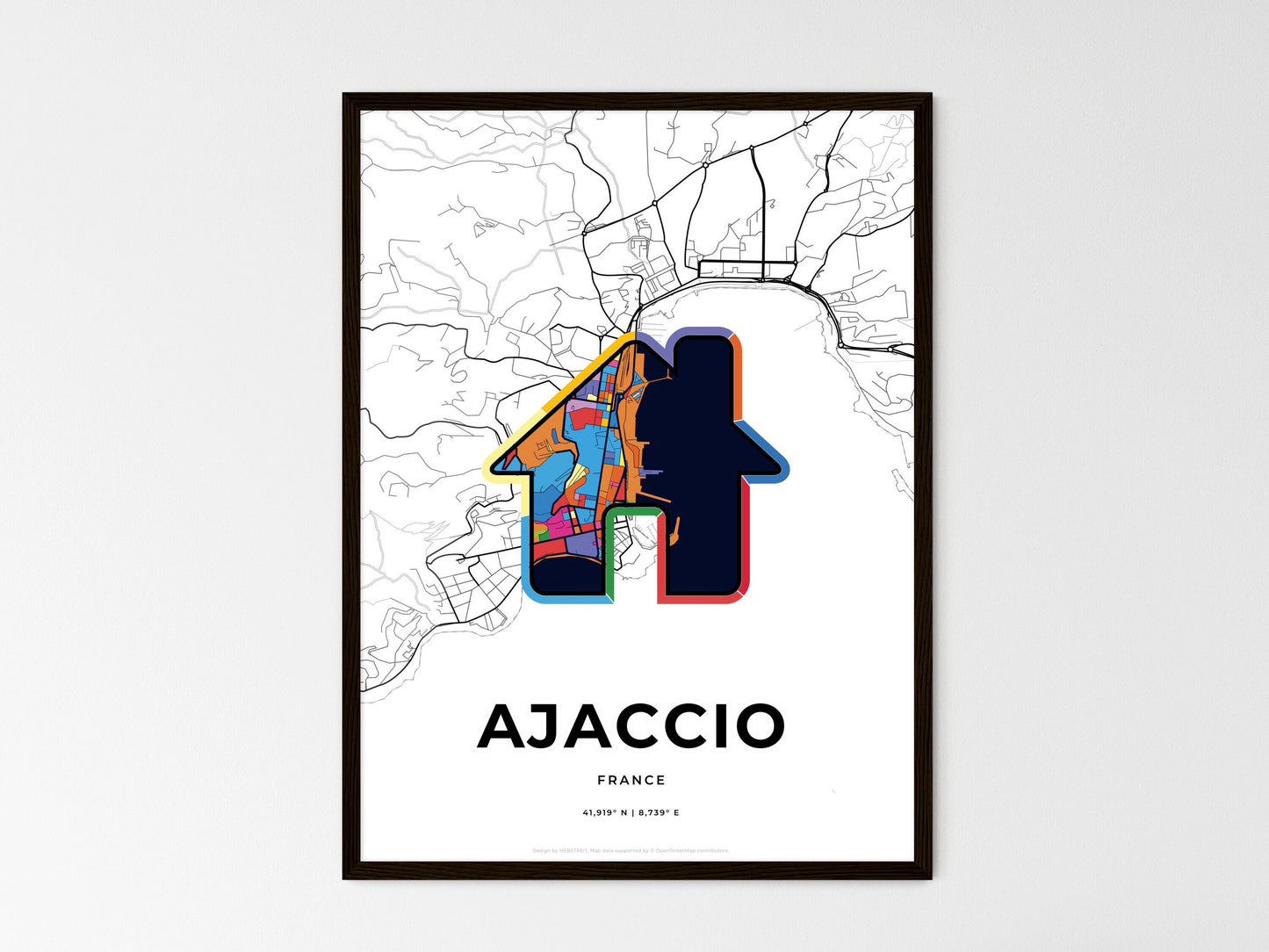 AJACCIO FRANCE minimal art map with a colorful icon. Where it all began, Couple map gift. Style 3