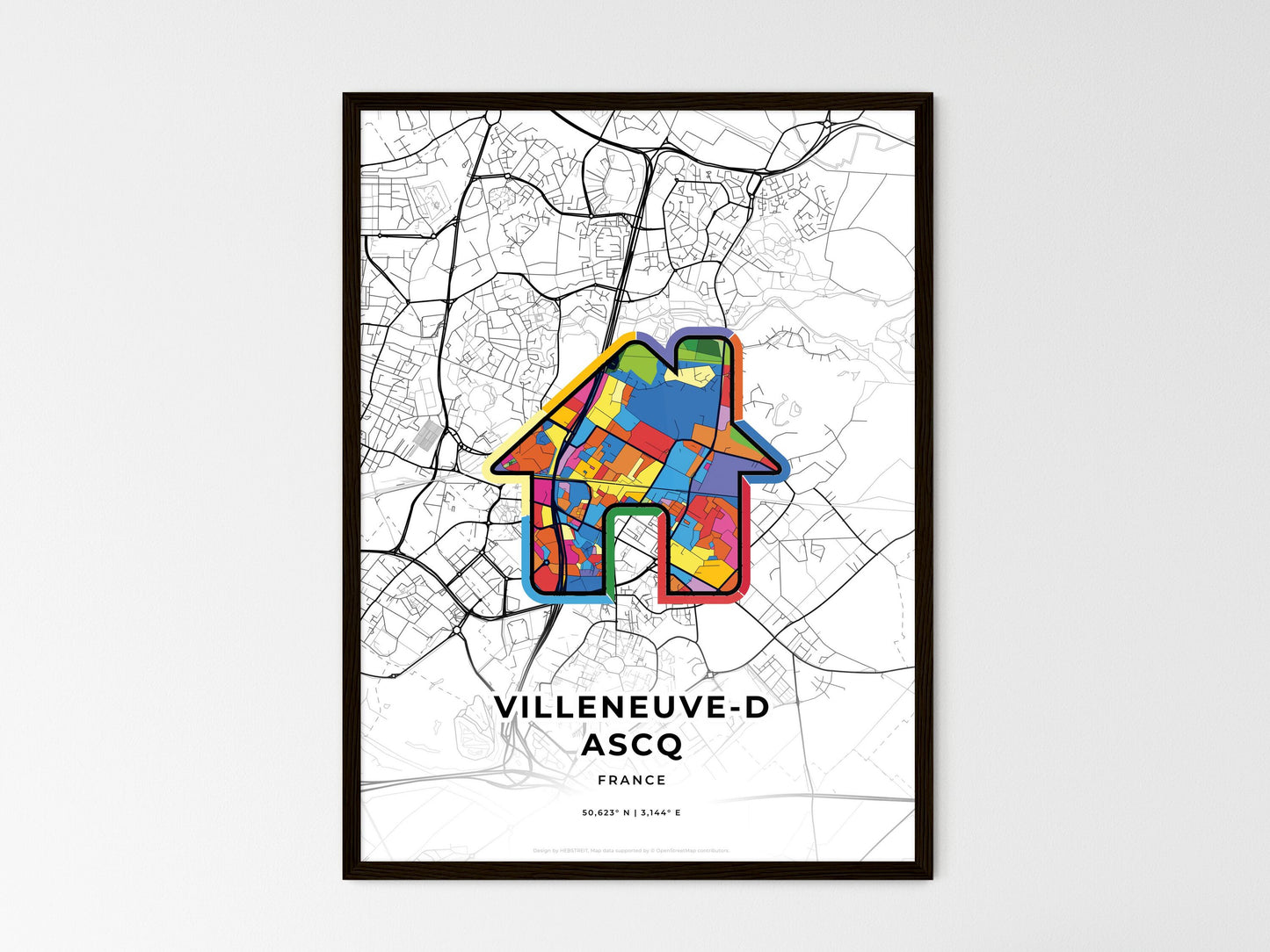 Villeneuve-D Ascq France wedding art map with home icon