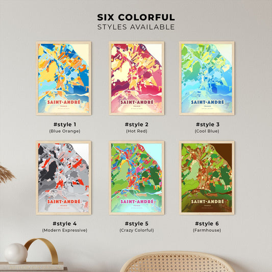 Colorful SAINT-ANDRÉ FRANCE Fine Art Map Blue Orange
