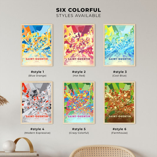 Colorful SAINT-QUENTIN FRANCE Fine Art Map Blue Orange