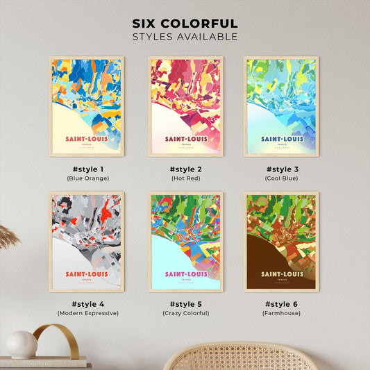 Colorful SAINT-LOUIS FRANCE Fine Art Map Blue Orange