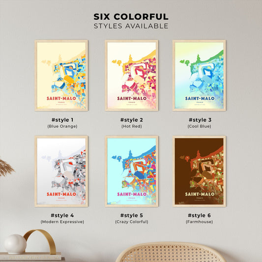 Colorful SAINT-MALO FRANCE Fine Art Map Blue Orange
