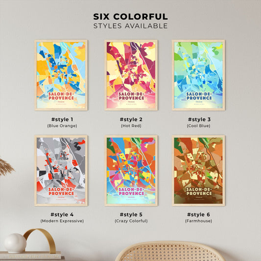 Colorful SALON-DE-PROVENCE FRANCE Fine Art Map Blue Orange