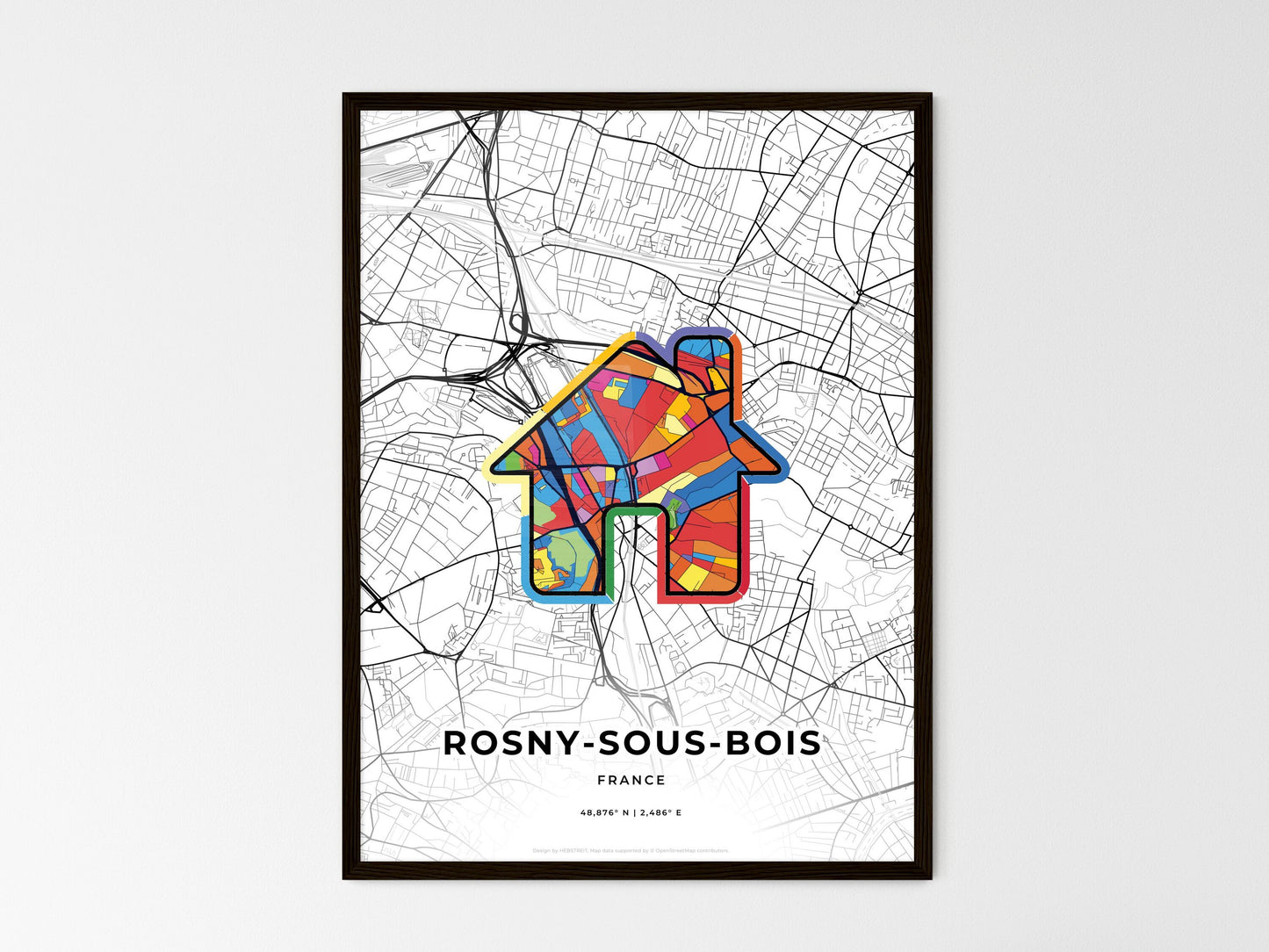 Rosny-Sous-Bois France wedding art map with home icon