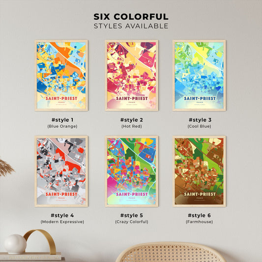 Colorful SAINT-PRIEST FRANCE Fine Art Map Blue Orange