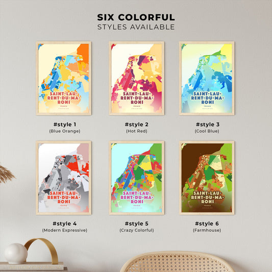 Colorful SAINT-LAURENT-DU-MARONI FRANCE Fine Art Map Blue Orange