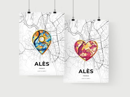 ALÈS FRANCE minimal art map with a colorful icon. Where it all began, Couple map gift.