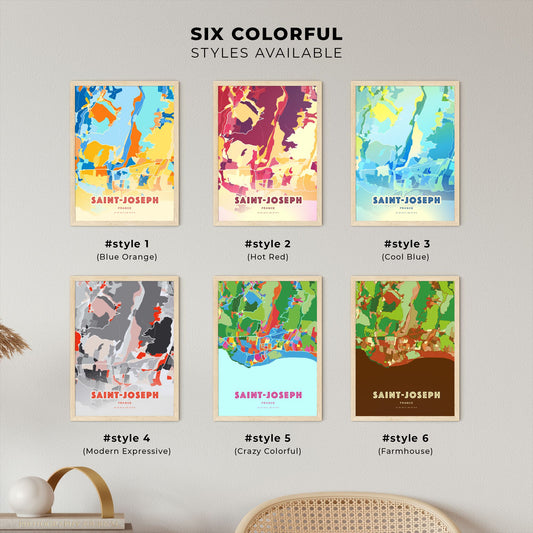 Colorful SAINT-JOSEPH FRANCE Fine Art Map Blue Orange