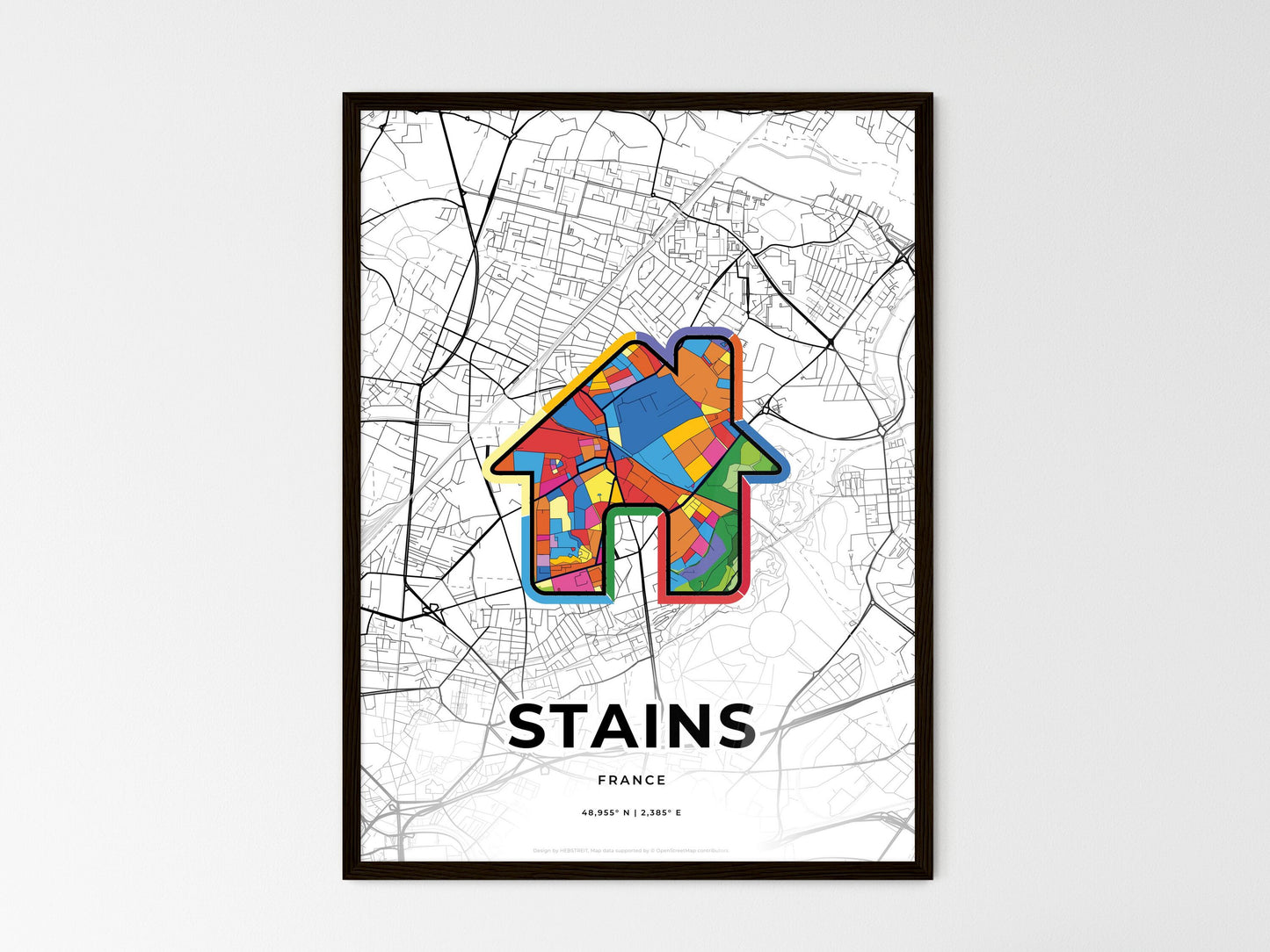 Stains France wedding art map with home icon