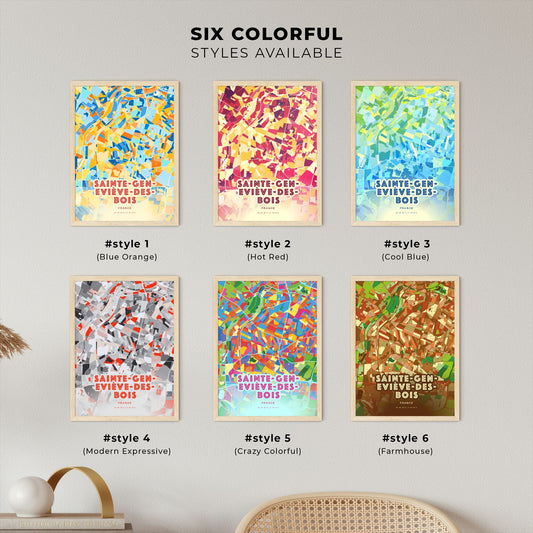 Colorful SAINTE-GENEVIÈVE-DES-BOIS FRANCE Fine Art Map Blue Orange