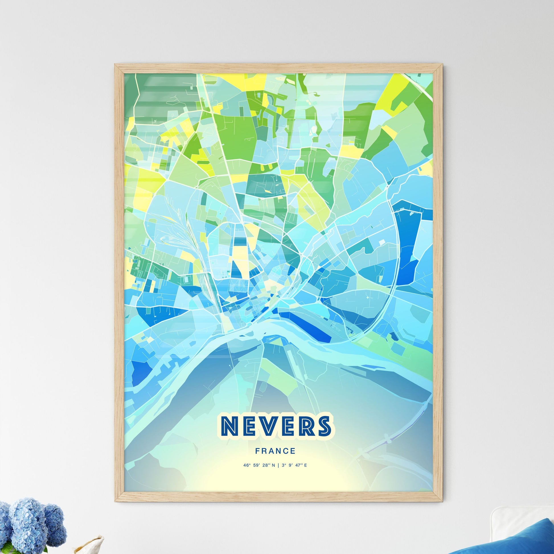 Colorful NEVERS FRANCE Fine Art Map Cool Blue