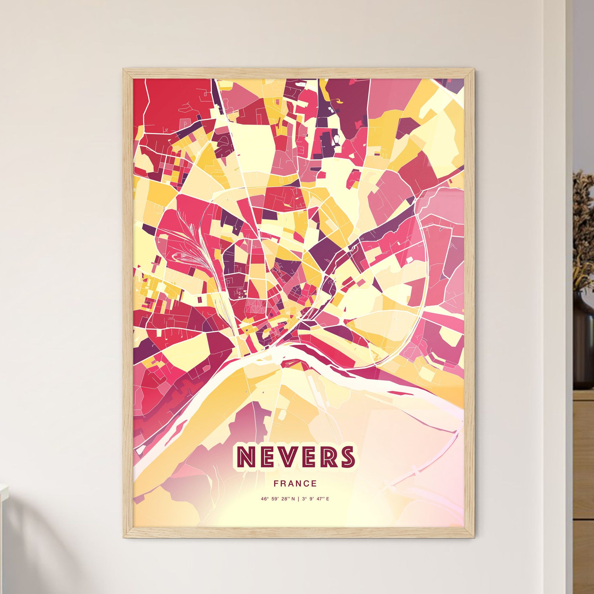 Colorful NEVERS FRANCE Fine Art Map Hot Red