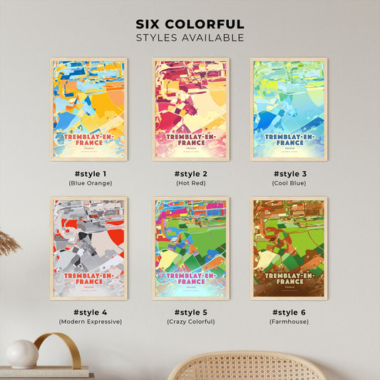 Colorful TREMBLAY-EN-FRANCE FRANCE Fine Art Map Blue Orange