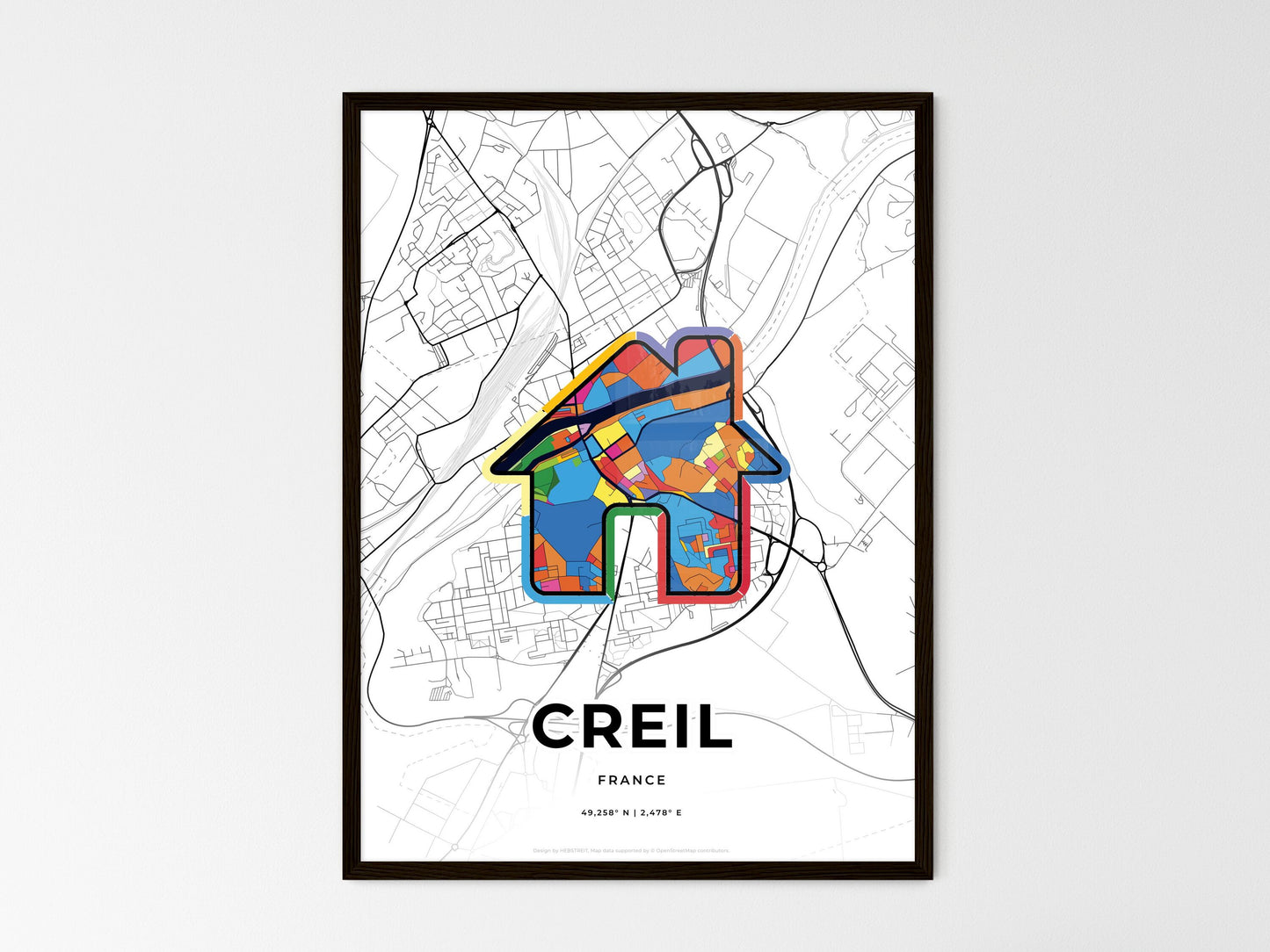 Creil France wedding art map with home icon