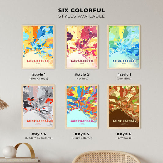 Colorful SAINT-RAPHAËL FRANCE Fine Art Map Blue Orange